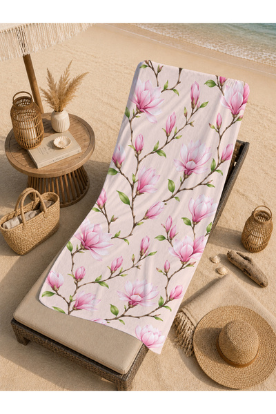 Evmila Prosop de plajă cu model de ramuri de magnolie roz romantic, 70x150 - ...