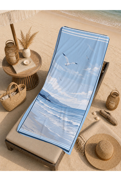 Evmila Minimal Calm Blue Sea Horizon cu model de pescăruși și valuri 70x150 P...