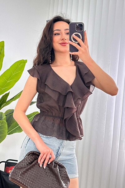 Clothes Fast Bluză țesută maro pentru femei, cu decolteu în V, cu volane, cu ...