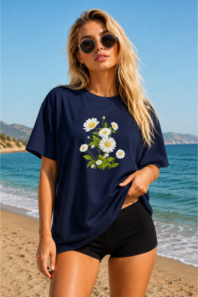 FECCY Premium Demet Papatya Printed Oversize Women's T-Shirt Men's T-Shirt Co...