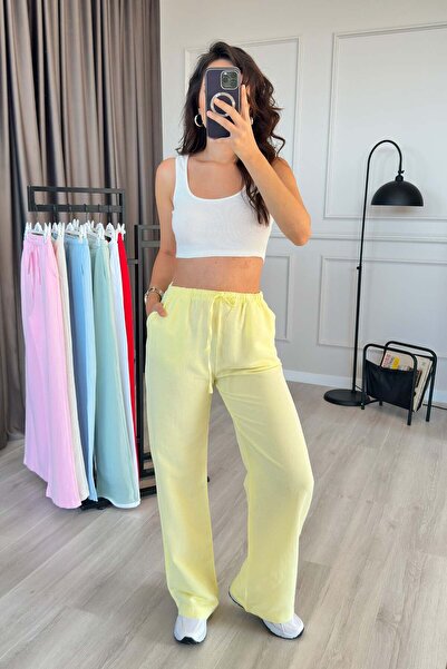 Clothes Fast بنطلون نسائي طويل من الكتان الأصفر برباط مطاطي عند الخصر وواسع ا...