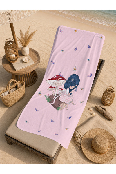 Evmila Fairy Tale Mushroom and Fairy Girl White Patterned 70X150 Beach Towel ...