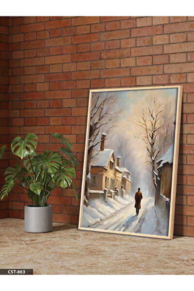 Evinemoda Lonely Man on a Snowy Road Single Piece Wooden Framed Painting