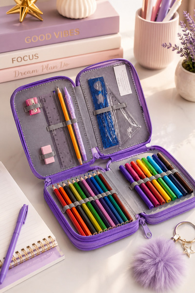 Generic Brand Penar Echipat Dublu Unicorn Lila pentru Fete, 2 Compartimente, ...