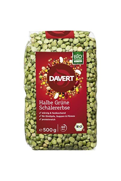 DAVERT Mazăre verde organică tăiată în jumătăți, 500g