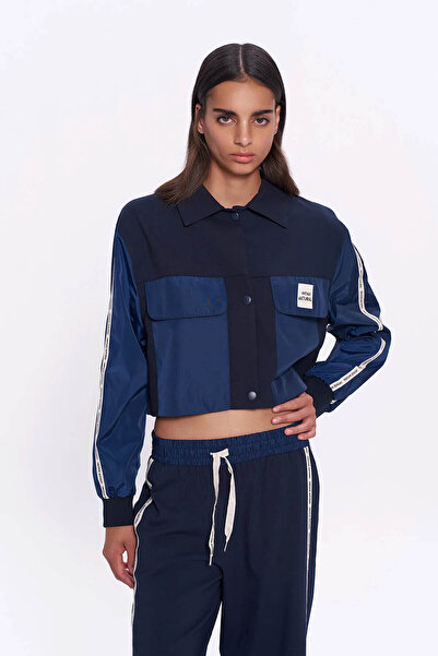Quzu Navy Blue Women's Jacket with Stripe Detail on the Sleeves 510082