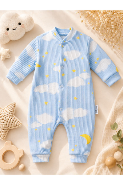 NuruBaby %100 Pamuk Erkek Bebek Tulum Bulut Ay Yıldız Desenli 3-6-9 Ay Uzun K...