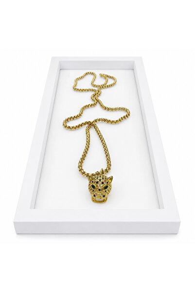 velve Panthera necklace, chain with panther head pendant and crystals, Gold