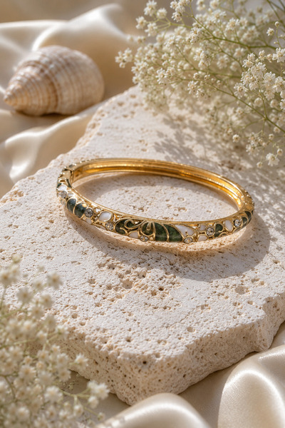 Sylvera Shop Leaf Wrapped Stone Khaki Enamel Thin Cuff Bracelet (Gold Color)
