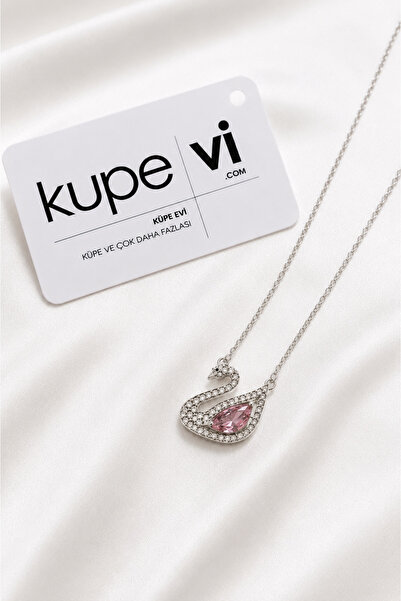 Küpevi Swan Figured Pink Zircon Stone Stainless Steel Women's Necklace