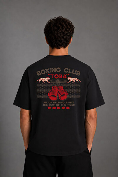 VSRN Boxing Tiger Design Back Printed Black Oversize T-Shirt