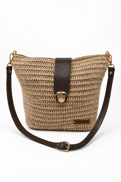 güzelmağaza Women's Paper String Knitted Shoulder Bag with Buckle and Adjusta...