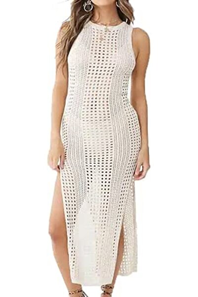 YouKD Women's Knit Vest Long Dress Crochet Robes V Neck Elegant Cover Up Dress