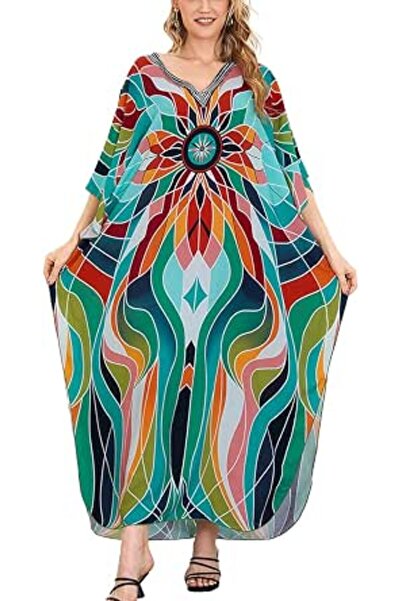 YouKD Maxi Dress V-neck Kaftan Boho Beach Bikini Cover Up Robe Plus Size Loun...