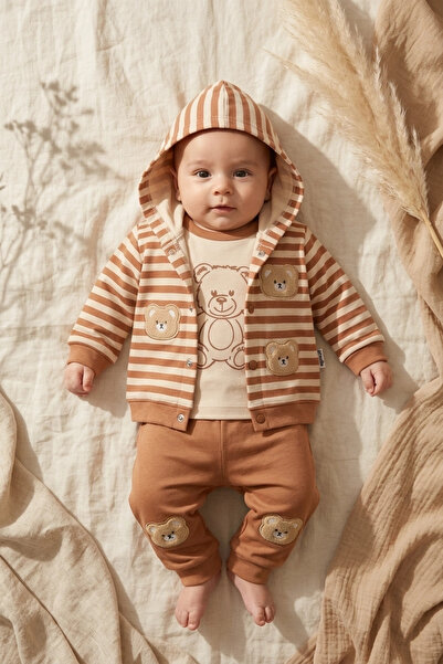 AGUCUK Milo Bear Striped Hooded Cardigan, Teddy Bear Embroidered Pants and Sw...