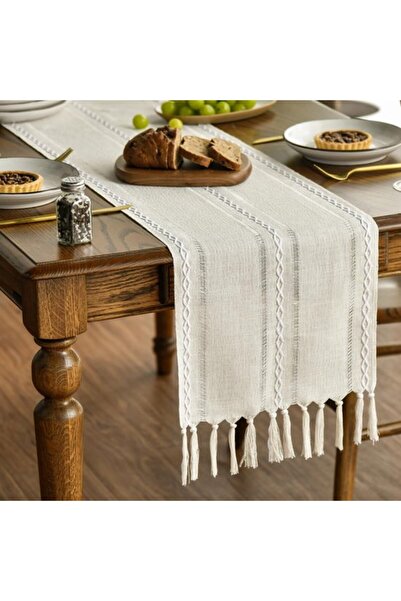 Generic Brand Stylish bohemian-style cream-colored table runner with tassels,...