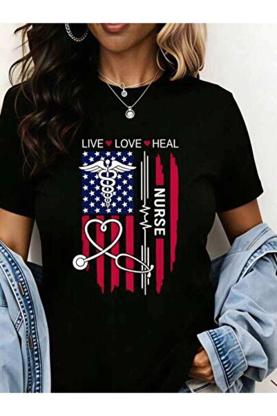 NOURAM Nurse, Women's American Flag Medical Symbol Design, Pure Cotton T-Shir...