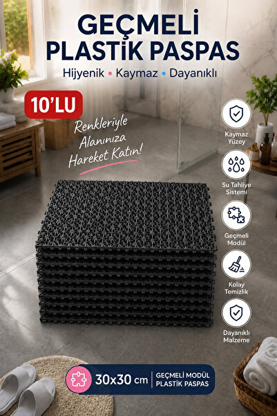 Geçmeli Plastik Paspas 30x30 cm Siyah Kaymaz Su Tahliyeli Modüler Banyo Paspası