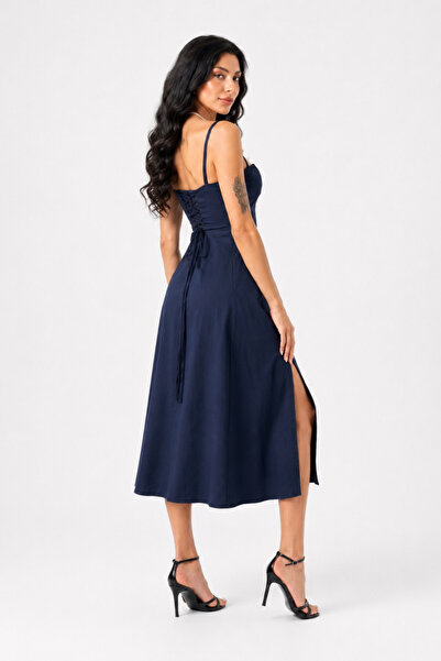 Asfaha Fashion Women's Corset Lace-Up Detailed Slit Midi Dress