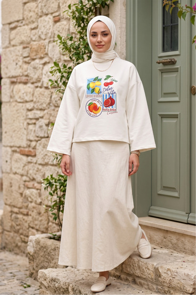 FERHEL Kadın Fruit Baskılı Oversize 2 İplik Penye Sweat Tunik -Sarı