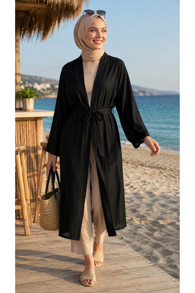 forte bella Trend Siyah Tesettür Pamuklu Viskon Kuşaklı Kimono