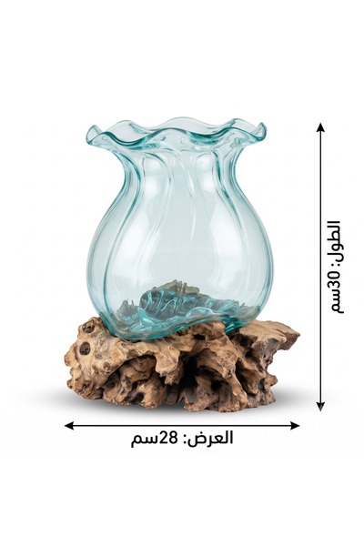Generic Brand مزهرية زجاجية ديكورية بتصميم متموج وقاعدة خشبية طبيعية – قطعة ف...