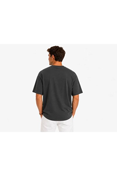 Vasto Moda Erkek Tam Oversize Kalıp Kalın Dokulu %100 Organik Pamuk Bisiklet Ribana Yakalı Füme T-Shirt