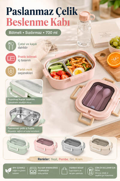 Anadolu Saray 700ml Paslanmaz Çelik Bölmeli Beslenme Kabı Sızdırmaz Lunch Box...