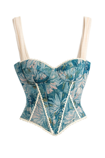 Buket Teke Blue Patterned Tulle Strap Corset