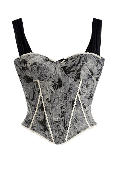 Buket Teke Gray Black Patterned Tulle Strap Corset