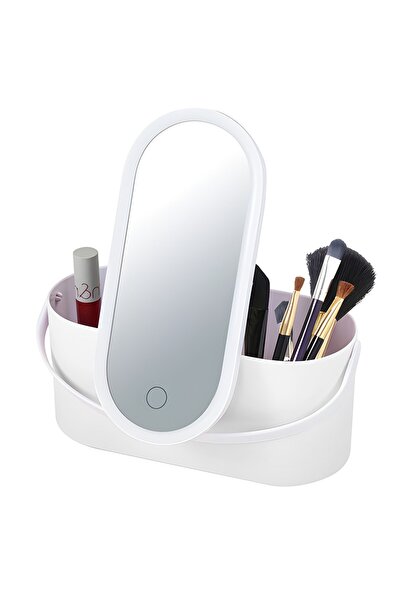 MACVI Oglindă cosmetică portabilă cu LED și spațiu de depozitare pentru cosme...