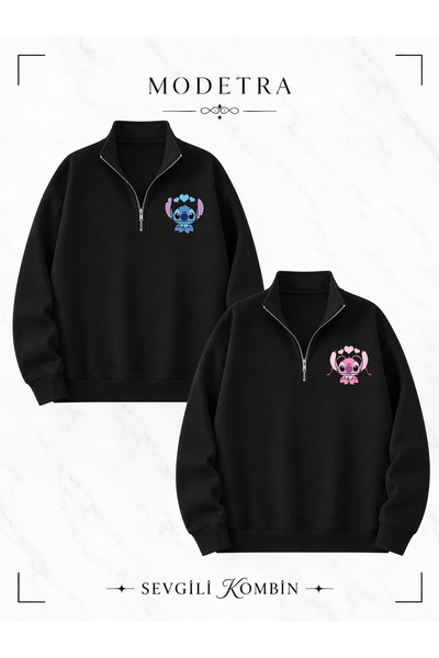 Modetra طقم سويت شيرت للجنسين من Lilo Angel Stitch مطبوع عليه نصف سحاب وياقة ...