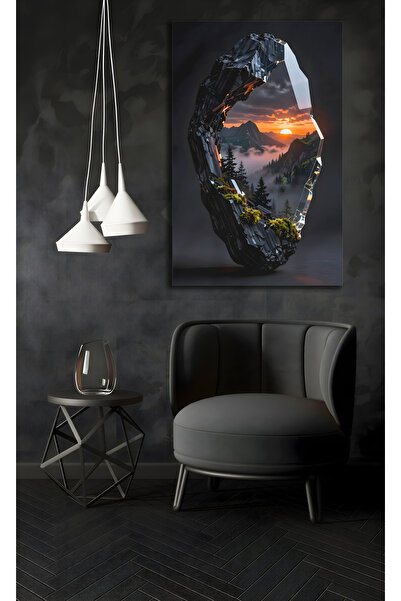 Evnora Home Decor Dağ Manzarası Cam Tablo – Gün Batımı ve Sisli Orman, Krista...