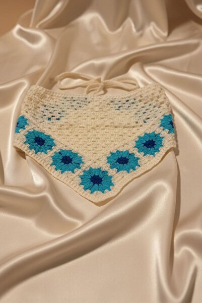 BHR AKSESUAR Blue Floral Motif Tie Bandana, Knitted Summer Hair Bandana for B...