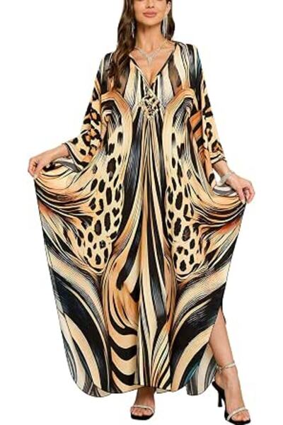 YouKD Summer Long Kaftan Dress Bohemian Roomy Beach Robe Cover Up Plus Size D...