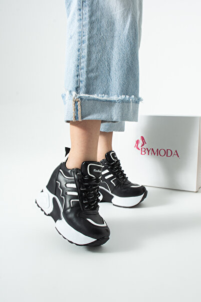 Bymoda New Season Black and White Hidden Wedge Heel Sneakers Heel Height Tota...