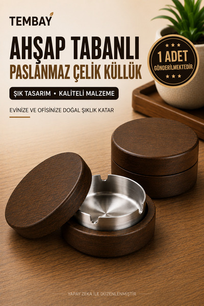 TEMBAY Ahşap Tabanlı Paslanmaz Çelik Küllük Kapaklı Masaüstü Küllük