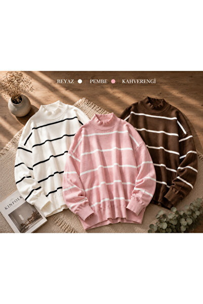 DepoExport Women's 3-Piece Striped Knitwear Sweater Oversize Loose Design