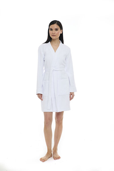 Seritaine Athena Kimono Women's Mini Bathrobe - White - Dobby 100% Cotton