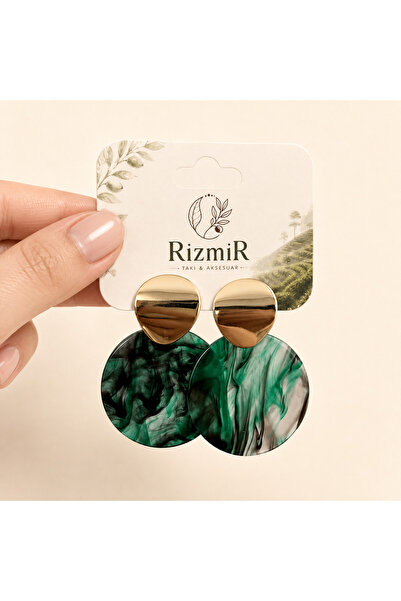 rizmir Gold Yeşil Desenli Yuvarlak Sallantılı Kadın Küpe