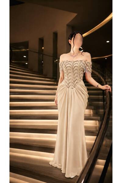 Kurtah Luxury Embroidery Off Shoulder Long Evening Dress