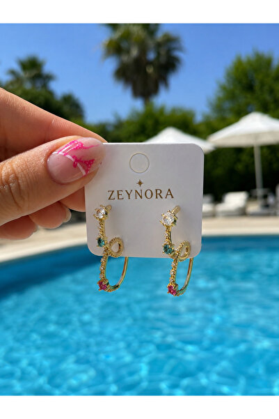 ZEYNORA JEWELLERY Renkli Taşlı Işıltılı Gold Kalp Görünümlü Sallantılı Küpe