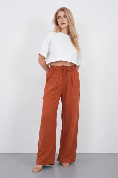 saint majesta Women's Elastic Waist Palazzo Trousers with Pocket Detail, Comfortable