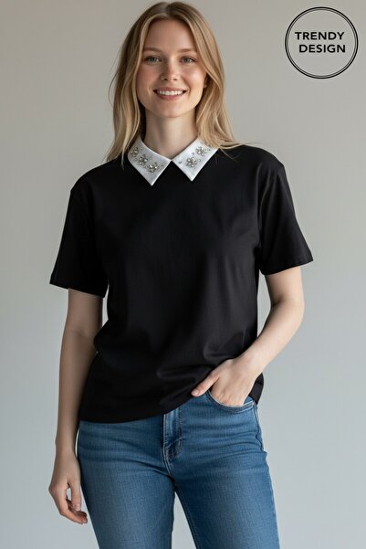 Trendy Design Women's T-Shirt with Shirt Collar and Appliques – Casual-Chic E...