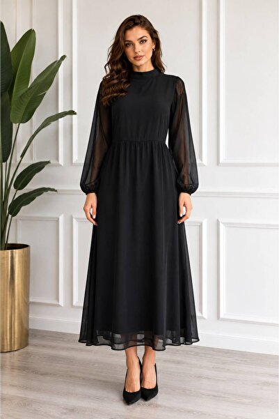 Eslem Bulut Boutique Siyah Uzun Kollu Tül/Şifon Detaylı Midi Elbise