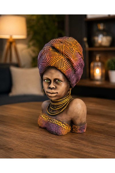 Gardenya Afrika Esintili El Boyaması Dekoratif Kadın Büstü Biblo ( Polyester 36x 24 )