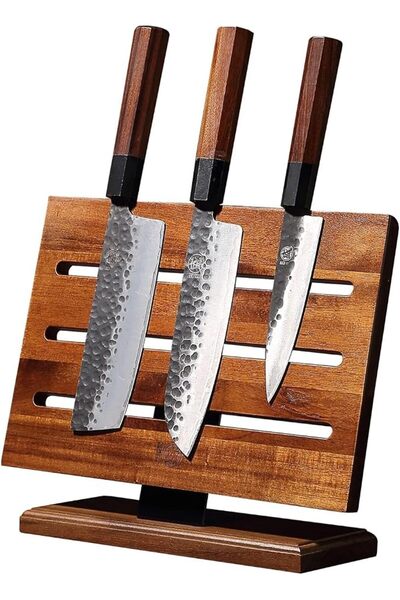 KASTWAVE Kitchen Magnetic Knife Block Holder, Japanese Acacia Wood Storage Kn...