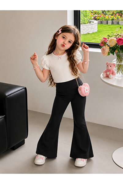 VODEXA Girls' Spanish-Cut Black Leggings – Elastic Fabric Comfortable Fit Cas...