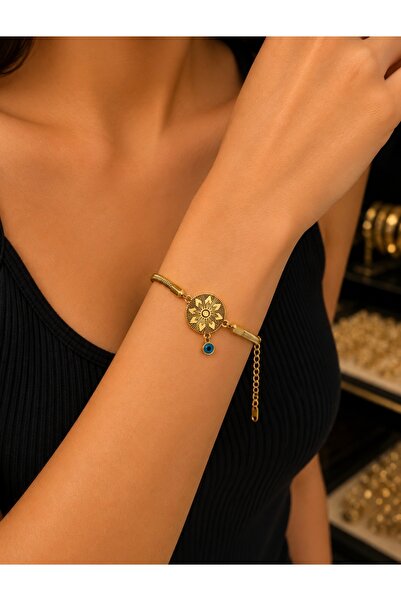 ELANORAFORYOU Gold Steel Bracelet with Evil Eye Beads and Sun Motif – Women's...