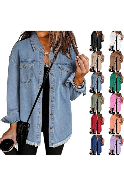 GENERAL Denim Jacket for Women Oversized Boyfriend Jean Jacket Button Up Fray...